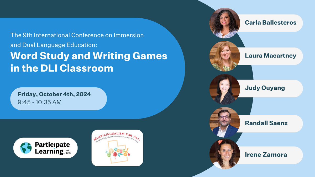 We are ONE WEEK away‼️ You won’t want to miss this engaging presentation at the 9th International Conference on Immersion and #DualLanguage Education! ✨ <a href="/CarlaFBalles/">Carla Ballesteros</a>, @LauraMaCartney8, <a href="/JudyOuyang/">Judy Ouyang</a>, @randysaenz, and <a href="/IreneZamoraSoto/">Irene Zamora Soto</a> #UnitingOurWorld <a href="/L2TReC/">L2TReC</a> <a href="/ParticipateLrng/">Participate Learning</a>