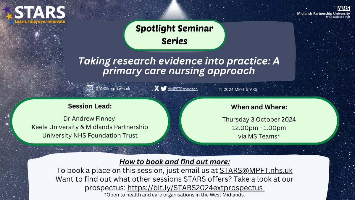 MPFTResearch's tweet photo. Join us for the next #MPFTSTARS Spotlight Seminar🌟

Taking #researchevidence into practice: A primary care #nursing approach Led by Dr Andrew Finney (@finbo1977)

📅 Thurs 3rd October 2024
📧 To book: STARS@MPFT.nhs.uk

#MPFTResearch #Nurse #ResearchCareer #ResearchSkills #MPFT https://t.co/jfBcu8v4UU