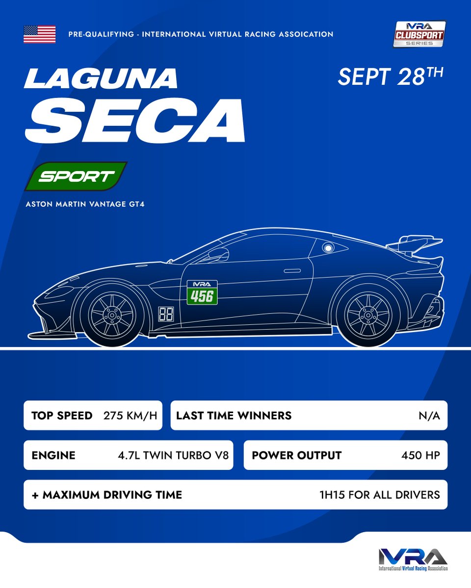 The IVRA Clubsport Series returns for this weekend's Pre-Qualifying at Laguna Seca. 🇺🇸 

One of America's historical tracks uses the landscape to create one of the most thrilling circuits for racing. It will be an incrediblechallenge for teams to pass.

#IVRA #CLUBSPORT