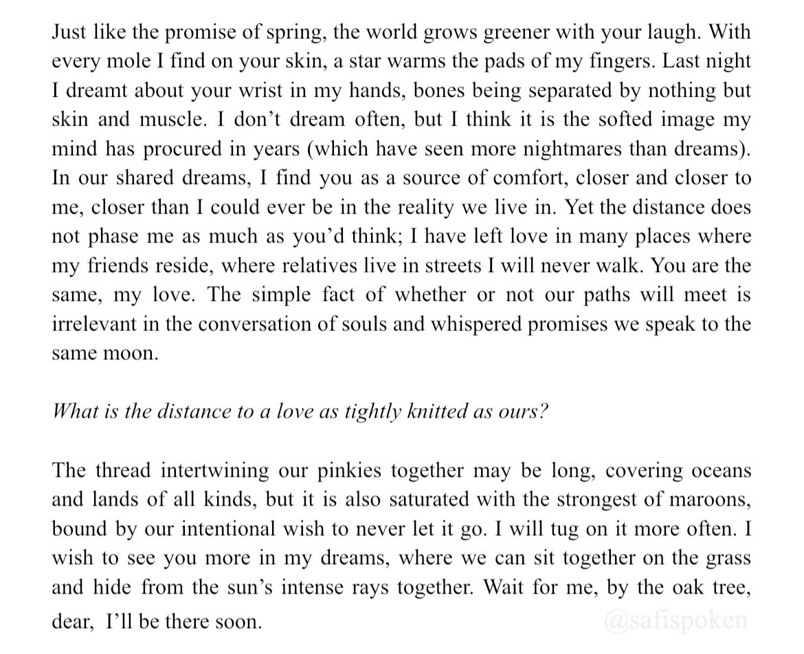 wait for me by the oak tree // what is distance to a love as tightly knitted as ours?
