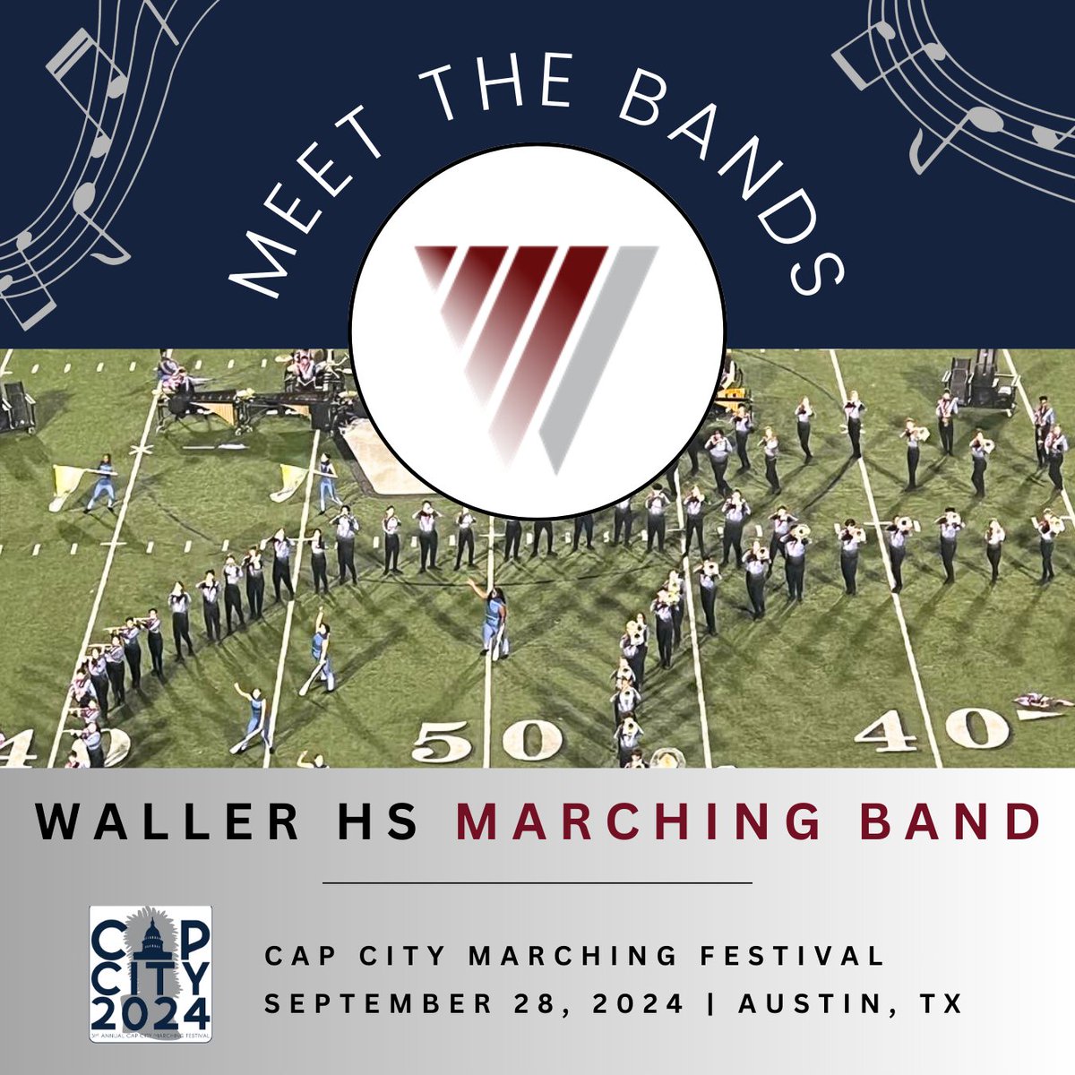 CapCityMarching's tweet photo. The Waller High School Marching Band will light up the field this Saturday at CapCity 2024!
#capcitymarching #capcitymarchingfestival https://t.co/I7mxjNiHLz