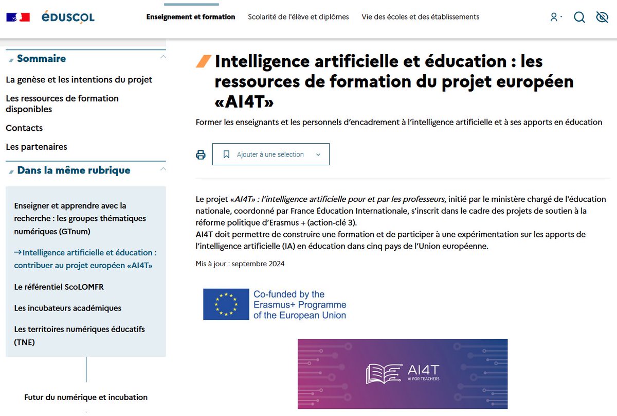 Axel Jean (@axeljean77) on Twitter photo 2024 #IA #Éducation #Europe
S'initier, se former avec <a href="/AI4T_project/">AI4T</a>
#AI4T
IA pour toutes et tous !
Enseignants, formateurs, chefs d'établissement
#MOOC #OpenTextbook #CREIA
<a href="/Edu_Num/">Éducation Numérique</a> <a href="/education_gouv/">Ministère Éducation nationale</a>
/c <a href="/audranlebaron/">Audran Le Baron</a> <a href="/AvrinGuillaume/">Guillaume Avrin</a> <a href="/PhilippeAjuelos/">Philippe Ajuelos</a>
eduscol.education.fr/2643/intellige… 2024 #IA #Éducation #Europe
S'initier, se former avec <a href="/AI4T_project/">AI4T</a>
#AI4T
IA pour toutes et tous !
Enseignants, formateurs, chefs d'établissement
#MOOC #OpenTextbook #CREIA
<a href="/Edu_Num/">Éducation Numérique</a> <a href="/education_gouv/">Ministère Éducation nationale</a>
/c <a href="/audranlebaron/">Audran Le Baron</a> <a href="/AvrinGuillaume/">Guillaume Avrin</a> <a href="/PhilippeAjuelos/">Philippe Ajuelos</a>
eduscol.education.fr/2643/intellige…