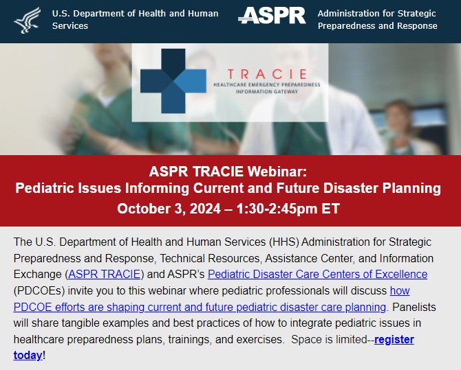 Our <a href="/PedDisasterCOE/">Pediatric Disaster Centers of Excellence</a> Drs Deanna Dahl-Grove, Brent Kaziny, and Christopher Newton will be on the panel of the <a href="/ASPRgov/">HHS ASPR</a> TRACIE webinar "Pediatric Issues Informing Current and Future Disaster Planning" on October 3, 1:30-2:45 pm ET.

Learn more and register here:
