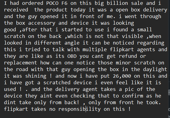 Bunny4794164575's tweet photo. 🚨Alert:  Flipkart Open box (fraud)🚨
 🙏Help Needed🙏   
About return policy on open box.
(due to twitter restrictions i cant share the complete story here .) check the below text image!.
on camera its not that visible
@Flipkart @IndiaPOCO @flipkartsupport #TheBigBillionDays https://t.co/ZPTKcAkh9f