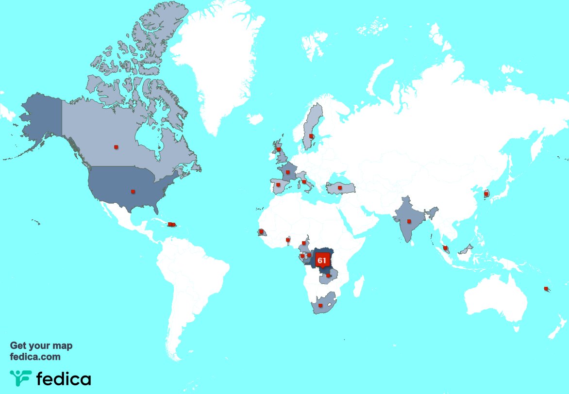 Selon fedica.com/!ShekinaBanza1 Mes abonnés vivent en: République démocratique du Congo(64%),États-Unis(9%),Congo(7%)