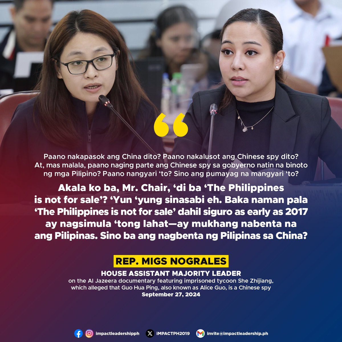 iMPACTPH2019's tweet photo. 'SIGURO AS EALRY AS 2017 AY MUKHANG NABENTA NA ANG PILIPINAS'

PBA Rep. Migs Nograles expressed concern over the implications of the Al Jazeera documentary featuring imprisoned tycoon She Zhijiang, which alleged that Guo Hua Ping, also known as Alice Guo, is a Chinese spy. https://t.co/oVLFdEH3RB