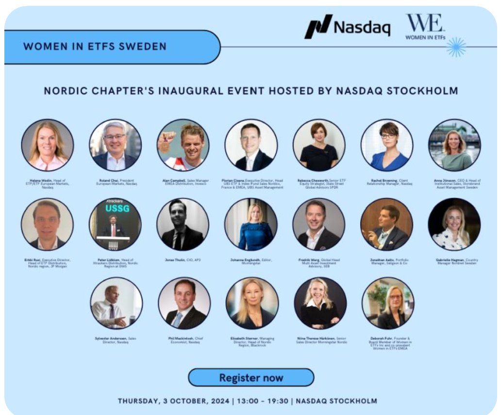 WomeninETFs's tweet photo. @Nasdaq Nordic #ETF event: Drivers, Outlook &amp; the Next Big Thing?  Collaboration with @WomeninETFs
Oct 3rd from 13.00 - 19.30 CET in Stockholm
Panel discussions, bell ringing, networking drinks reception sponsored by @StateStreetGA   

Register for free: https://t.co/uLzUjpSvF6 https://t.co/aW8SX3cQvf