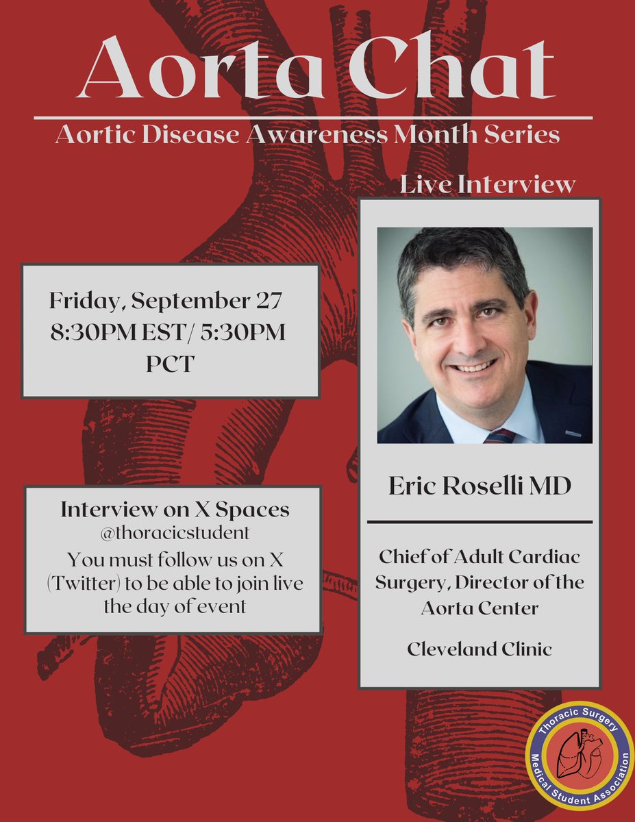 TSMA (@thoracicstudent) on Twitter photo Don’t forget to join our live Twitter Space tonight at 8:30 PM EST/5:30 PM EST as we host our final surgeon #AortaChat with Dr. <a href="/EricRoselliMD/">Eric E. Roselli</a> @CCFCTSRes <a href="/CleClinicHVTI/">Cleveland Clinic Heart, Vascular & Thoracic</a>! Come learn about his insights and experiencing directing the Aorta Center at the Cleveland Clinic! Don’t forget to join our live Twitter Space tonight at 8:30 PM EST/5:30 PM EST as we host our final surgeon #AortaChat with Dr. <a href="/EricRoselliMD/">Eric E. Roselli</a> @CCFCTSRes <a href="/CleClinicHVTI/">Cleveland Clinic Heart, Vascular & Thoracic</a>! Come learn about his insights and experiencing directing the Aorta Center at the Cleveland Clinic!
