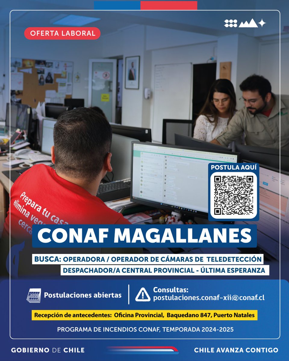 📢¡Oferta laboral!
La Central de Coordinación de la Región de #Magallanes abre proceso de postulación para las áreas de Operador de Cámara de Teledetección y Despachador/a Central de Coordinación Provincial - Última Esperanza.

➡️Revisa las Bases aquí: bit.ly/4elPaON