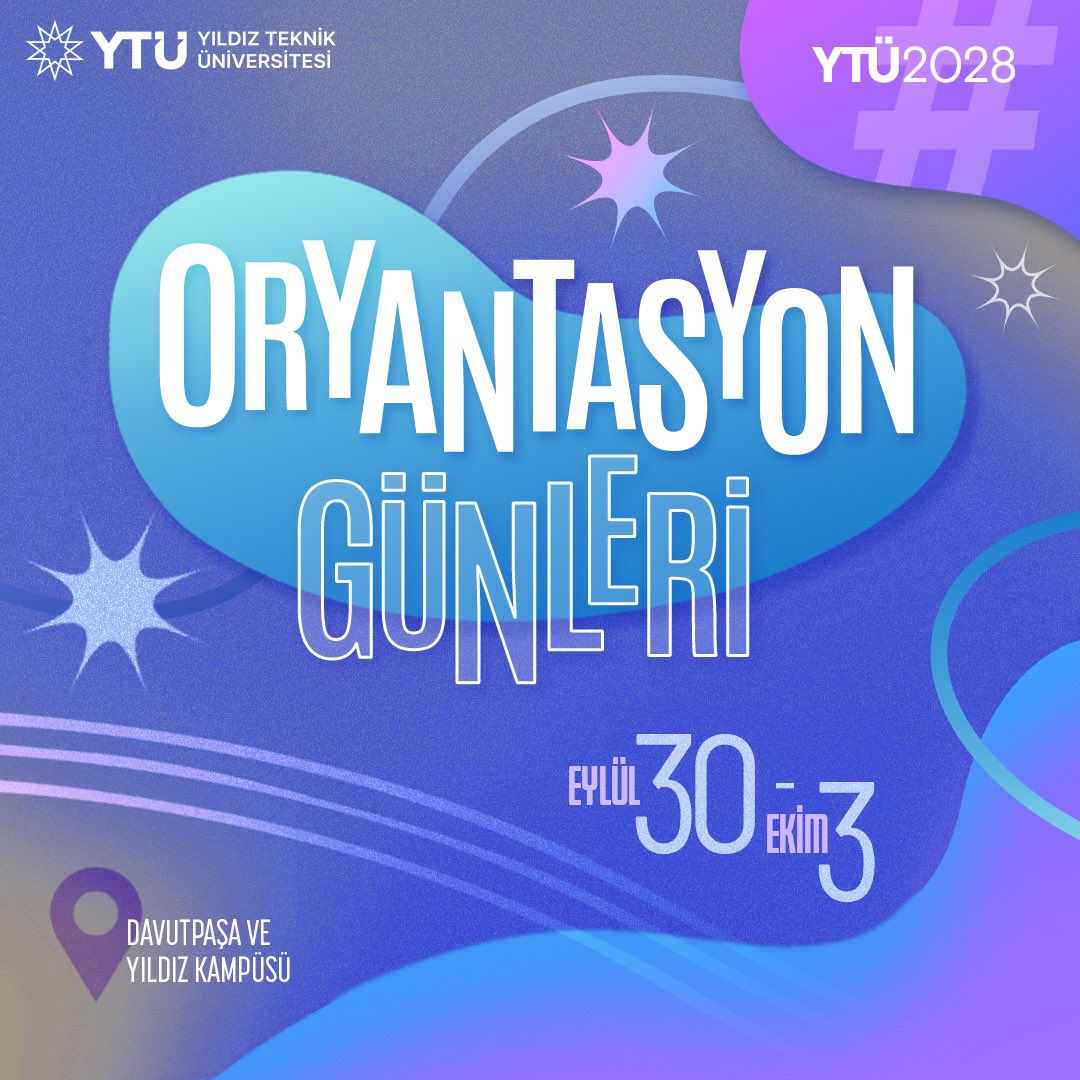 Selam #YTÜ2028 👋🏻

Birinci Yıl Öğrencilerimiz ile buluşacağımız 113. Yıl Oryantasyon Günleri başlıyor! ✨

Yıldızlı olmanın ayrıcalıklarıyla tanışmaya hazır mısın?