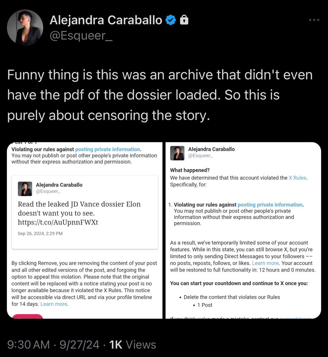 esjesjesj's tweet photo. Elon banned Alejandra Caraballo for just *pretending* to link to the JD Vance dossier. This isn’t about doxxing at all https://t.co/OlfZ0bcoBs