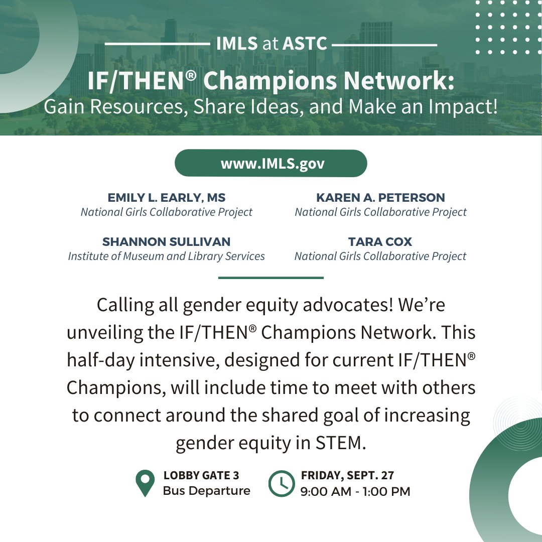 US_IMLS's tweet image. #ASTC2024 🔬 IMLS Program Specialist Shannon Sullivan is co-hosting a session on gender equity in STEM in 15 minutes!