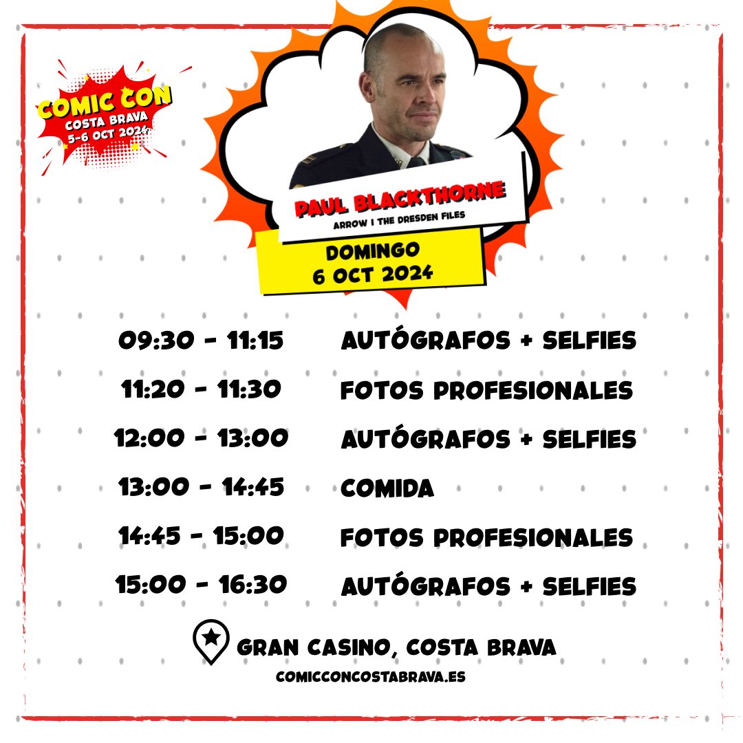 ¡Aquí puedes consultar el horario de Paul Blackthorne, conocido por su papel en Arrow como el Capitán Quentin Lance! 📅✨  

Revisa los horarios, reserva tu foto o autógrafo y asegúrate de estar a tiempo para tu encuentro con Paul. 🔥

🔗 comicconcostabrava.es/tienda