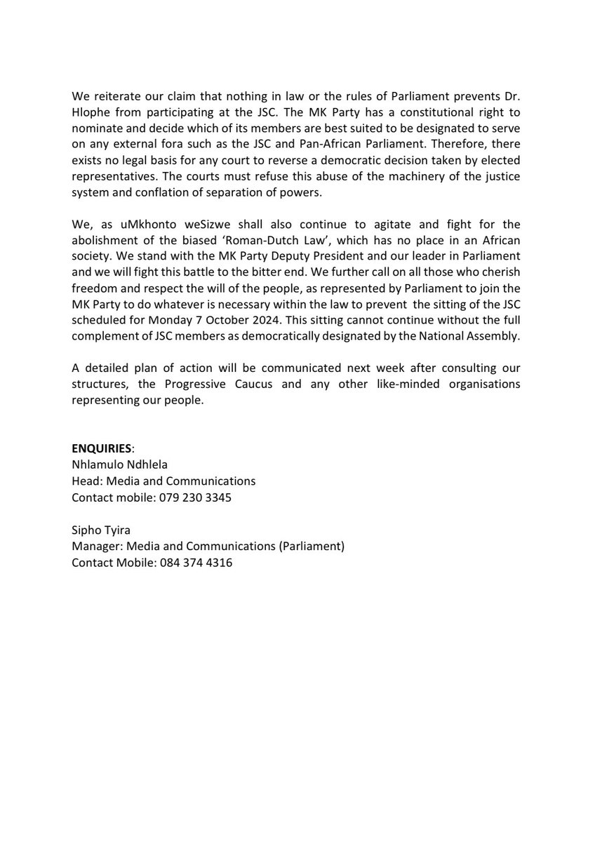 STATEMENT ON THE JUDGMENT OF THE WESTERN CAPE HIGH COURT IN
FAVOUR OF THE CONTINUED LYNCHING OF DR. MANDLAKAYISE HLOPHE.