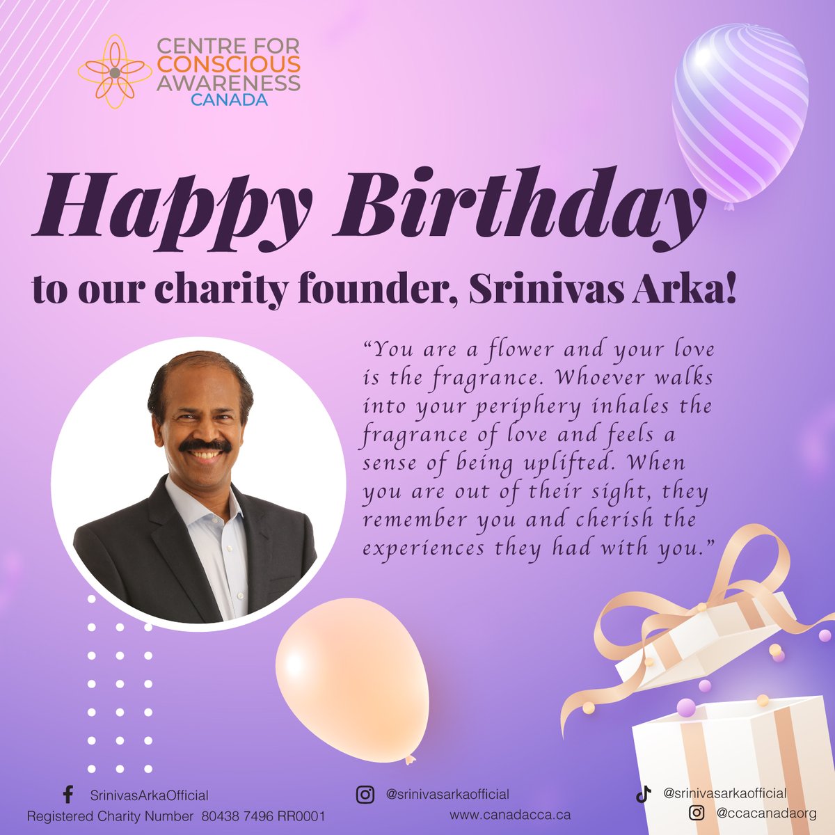 CCA_Canada's tweet image. Happy Birthday to our charity founder, Srinivas Arka #happybirthday #lightoflearingprogramme #lightoflearning #srinivasarka #depression #mentalhealth #positiveliving #ccacanada #canadacca #centreforconsciousawareness #centreforconsciousawarenesscanada #arkadhyana #dhyana