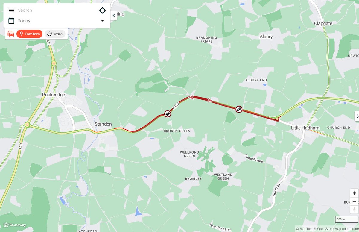 Herts_Highways's tweet image. INCIDENT: #Standon #A120 Stortford Road. DELAYS in both directions between Standon and Little Hadham due to an RTC. #AvoidTheQ
