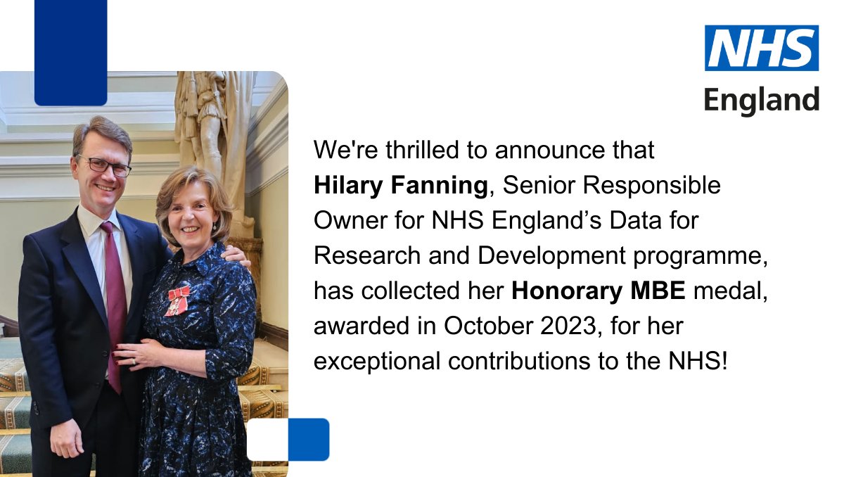 NHS England Transformation (@nhsdigital) on Twitter photo Congratulations to <a href="/UHBtrust/">University Hospitals Birmingham</a> ‘s Hilary Fanning, SRO for <a href="/NHSEngland/">NHS England</a>'s Data for R&D programme, who yesterday received her MBE, awarded in Oct ‘23🏅Read more uhb.nhs.uk/news-and-event… digital.nhs.uk/data-and-infor… Congratulations to <a href="/UHBtrust/">University Hospitals Birmingham</a> ‘s Hilary Fanning, SRO for <a href="/NHSEngland/">NHS England</a>'s Data for R&D programme, who yesterday received her MBE, awarded in Oct ‘23🏅Read more uhb.nhs.uk/news-and-event… digital.nhs.uk/data-and-infor…