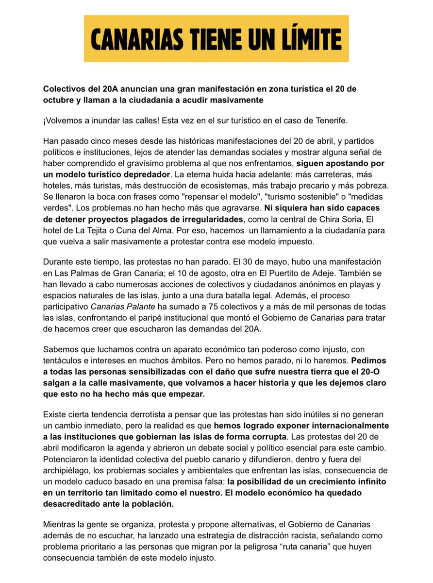 DavidCuestaTV's tweet photo. 📝 APUNTA:

El 20 de octubre, varios colectivos han convocado otra manifestación.

Si piensas que el 20A fue histórico, pero crees que las administraciones han ignorado el grito de la calle, tienes una nueva oportunidad de protestar ante la masificación turística de Canarias. https://t.co/c8igz3ESAF