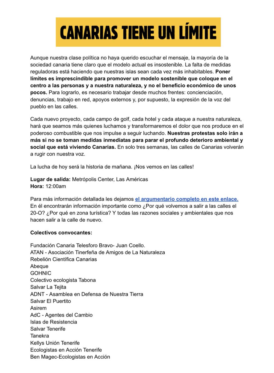 📝 APUNTA:

El 20 de octubre, varios colectivos han convocado otra manifestación.

Si piensas que el 20A fue histórico, pero crees que las administraciones han ignorado el grito de la calle, tienes una nueva oportunidad de protestar ante la masificación turística de Canarias.