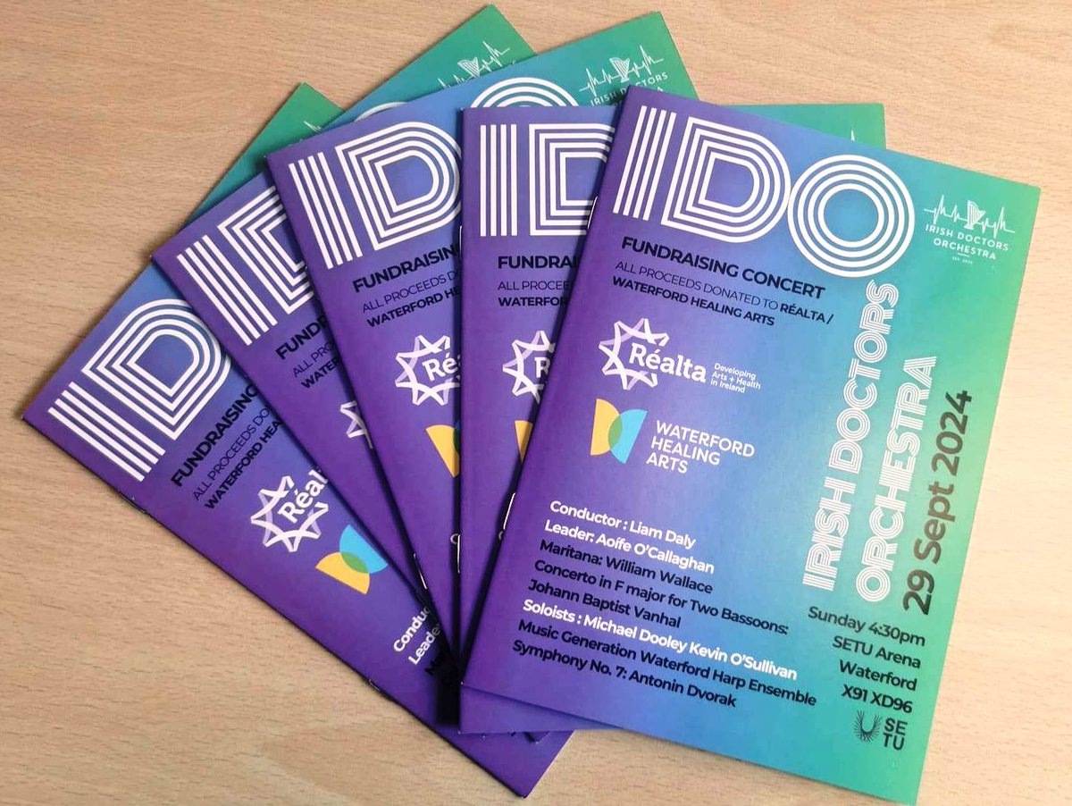 Our lovely programmes for Sunday’s concert by the Irish Doctors Orchestra have arrived! Hope to see you there, Sunday, 4.30pm at SETU Arena. Tickets here: eventbrite.ie/e/irish-doctor… 
<a href="/irishdoctorsorc/">Irish Doctors Orchestra</a> <a href="/artscouncil_ie/">The Arts Council / An Chomhairle Ealaíon</a> <a href="/artsandhealthie/">artsandhealth.ie</a> <a href="/WHATartshealth/">Waterford Healing Arts</a>