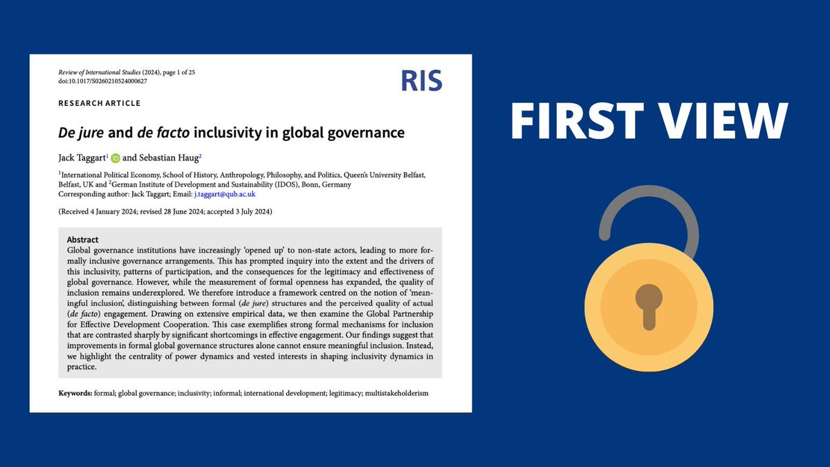 RIS (@risjnl) on Twitter photo 🚨New First View Article🚨
"De jure and de facto inclusivity in global governance" by <a href="/SebHaug/">Sebastian Haug</a> and <a href="/drjacktaggart/">Jack Taggart</a> is now available #OpenAccess!
📜➡️ buff.ly/3zpfbxH 🚨New First View Article🚨
"De jure and de facto inclusivity in global governance" by <a href="/SebHaug/">Sebastian Haug</a> and <a href="/drjacktaggart/">Jack Taggart</a> is now available #OpenAccess!
📜➡️ buff.ly/3zpfbxH
