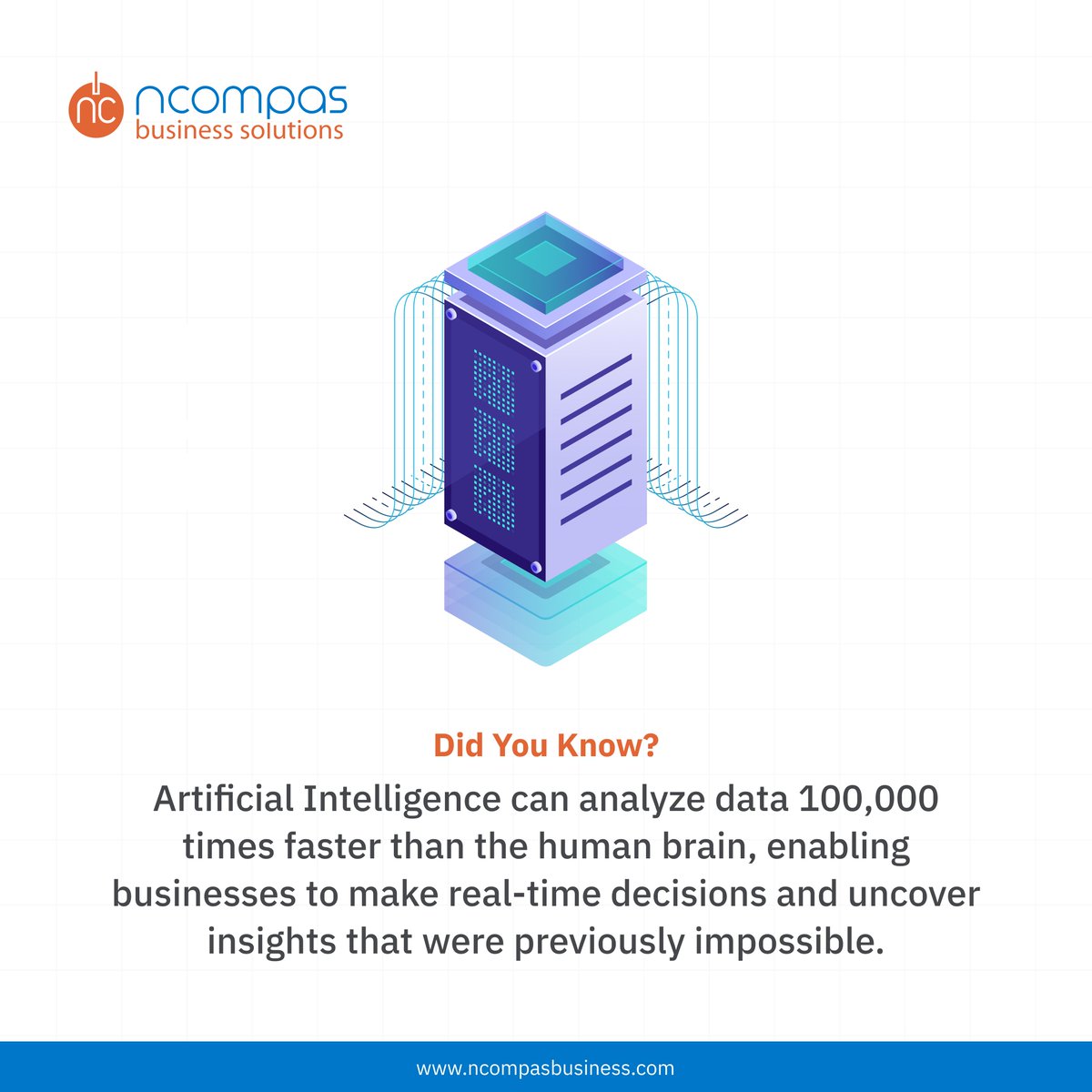 ncompasbusiness's tweet photo. Artificial Intelligence processes data up to 100,000 times faster than the human brain, empowering businesses to make real-time decisions and uncover insights once thought impossible. 🚀📊

 #AI #DataAnalytics #Innovation #RealTimeInsights #NCompas https://t.co/zaQqNnPzaw