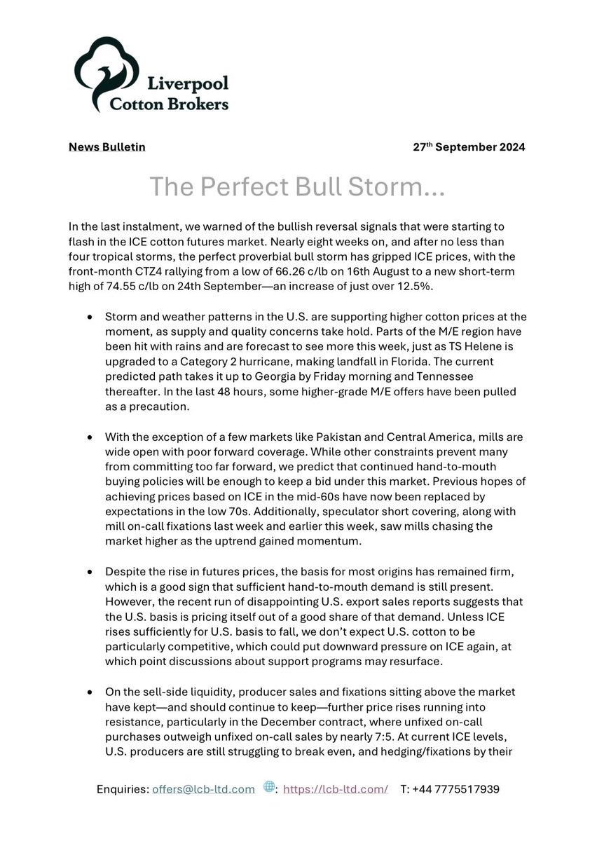 cot_wiz's tweet image. The Perfect Bull Storm… 🐂⛈️

ICE cotton futures have surged over 12.5% in 8 weeks, driven by storms like Hurricane Helene 🌪️ and global economic shifts.

Read our latest insights below! 📈

#cotton #futures #oatt #agtrading #commoditymarkets #bullmarket #weathermarket #Helene
