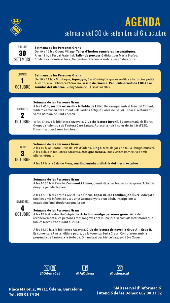 OdenaCat's tweet photo. ✍️Preneu nota. Ja podeu consultar l'agenda de la setmana vinent a #Òdena. No us perdeu cap de les activitats programades. Us hi esperem! https://t.co/jdYZwRtYMR