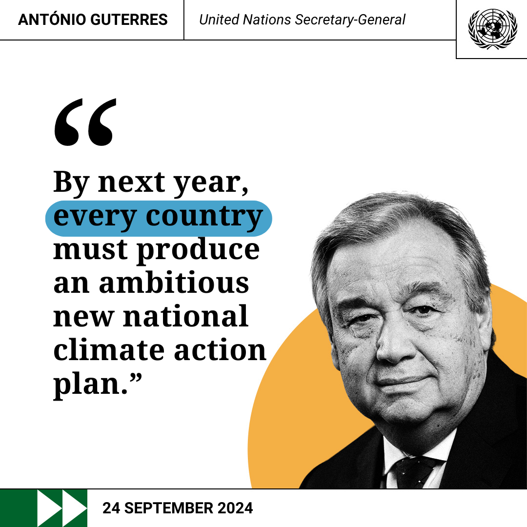 UNEP's tweet photo. The next round of #ClimatePlans, called NDCs, are due in 2025.

At #UNGA, @antonioGuterres told world leaders that this “requires aligning energy strategies with a 1.5-degree world, ending fossil fuel subsidies and putting a price on carbon.”

Q&amp;A here: https://t.co/8jpG34kCP8 https://t.co/uGRhXp15MG