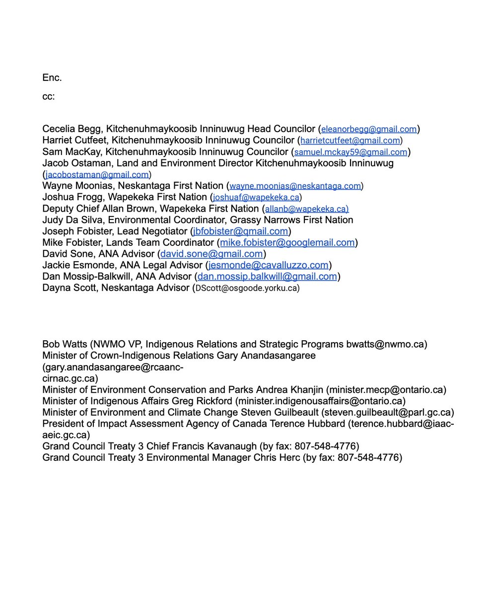 Chiefs of nine northern Ontario First Nations have signed this letter to the head of the Nuclear Waste Management Organization, saying they oppose nuclear waste burial near Ignace, "have not been consulted, we have not given our consent, and we stand together in saying 'no.'"