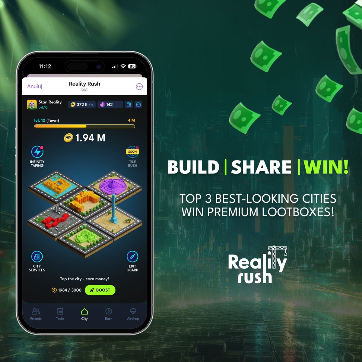 realityrushgame's tweet photo. 🌆 Show Off Your City! 🌆 

Think your city looks the best? Prove it and win! 🏙️

📅 Event date: 27.09.2024  2 PM UTC – 30.09.2024 2 PM UTC 
🎁 Prizes: Top 3 cities win Premium Lootbox! 

How to enter:
1️⃣ Follow us 👣
2️⃣ Like this tweet ❤️
3️⃣ Quote this tweet with a screenshot of your city 📸  

The top 3 most impressive cities will score awesome rewards! 🏗️ Good luck!