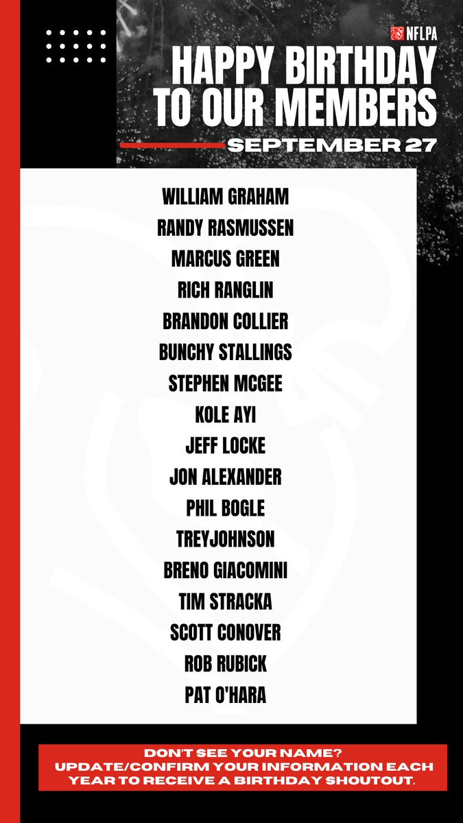 NFLPA Former Players (@nflpafmrplayers) on Twitter photo Happy birthday to our members <a href="/WilliamGraham15/">WILL I AM G</a> <a href="/mgreen9494/">Marcus Green</a> <a href="/Double_R64/">Richie Rich</a> @Bcollierppi <a href="/jefflocke9/">Jeff Locke</a> @catchaplayJ @Phil_Bogle @AlcaTreyIsland <a href="/68Breno/">Breno Giacomini</a> <a href="/timstracka/">ู
ุดุนู ููููููุจ</a> @scottconover76 - Hope you have the happiest of birthdays! Happy birthday to our members <a href="/WilliamGraham15/">WILL I AM G</a> <a href="/mgreen9494/">Marcus Green</a> <a href="/Double_R64/">Richie Rich</a> @Bcollierppi <a href="/jefflocke9/">Jeff Locke</a> @catchaplayJ @Phil_Bogle @AlcaTreyIsland <a href="/68Breno/">Breno Giacomini</a> <a href="/timstracka/">ู
ุดุนู ููููููุจ</a> @scottconover76 - Hope you have the happiest of birthdays!
