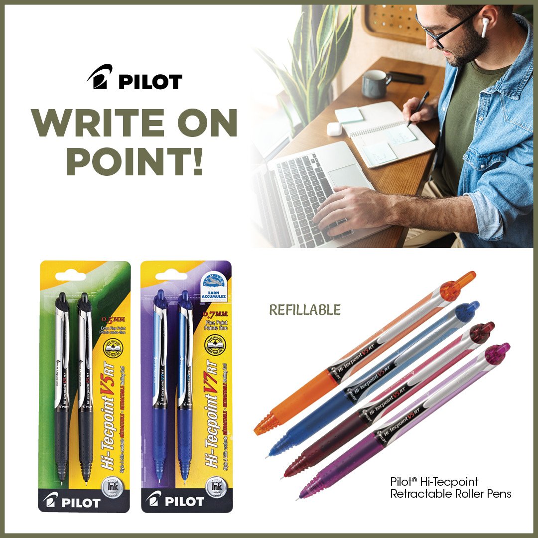 MicroageG's tweet image. Say goodbye to messy handwriting and hello to
perfection with Pilot® Hi-Tecpoint Retractable Roller
Pens! They’re so smooth, they might just do the
writing for you.  #OfficeEssentials #PenPerfection #microagebasics