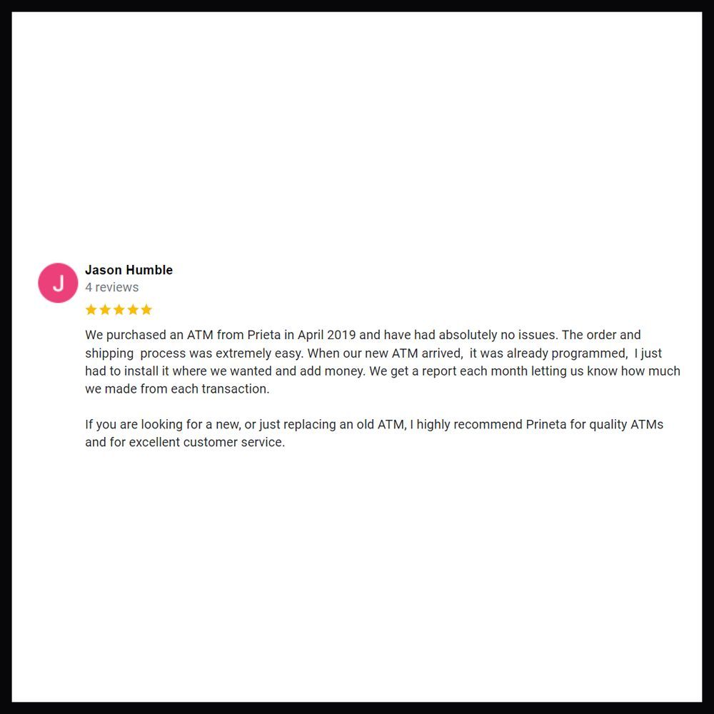 Prineta's tweet photo. Thank you Jason in Kansas City for this awesome review of our ATM Sales &amp; Processing! We appreciate the positive feedback greatly! 

#Prineta #PrinetaUSA #PrinetaReviews #ATM #ATMCompany #ATMs #ATMVendor #ATMProcessing #KansasCity #KansasCityATM #ATMCompanies #ATMProcessor https://t.co/rouMfrY3er