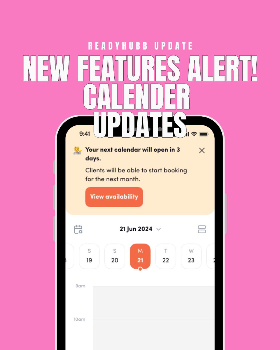 readyhubb's tweet photo. 📅 With our latest Monthly Availability drop feature clients get notified automatically when you open your calendar! 

If Instagram posts &amp; story announcements aren't cutting it, get clients rebooking and keep them informed with this hot new update. https://t.co/8RebPye8Rr