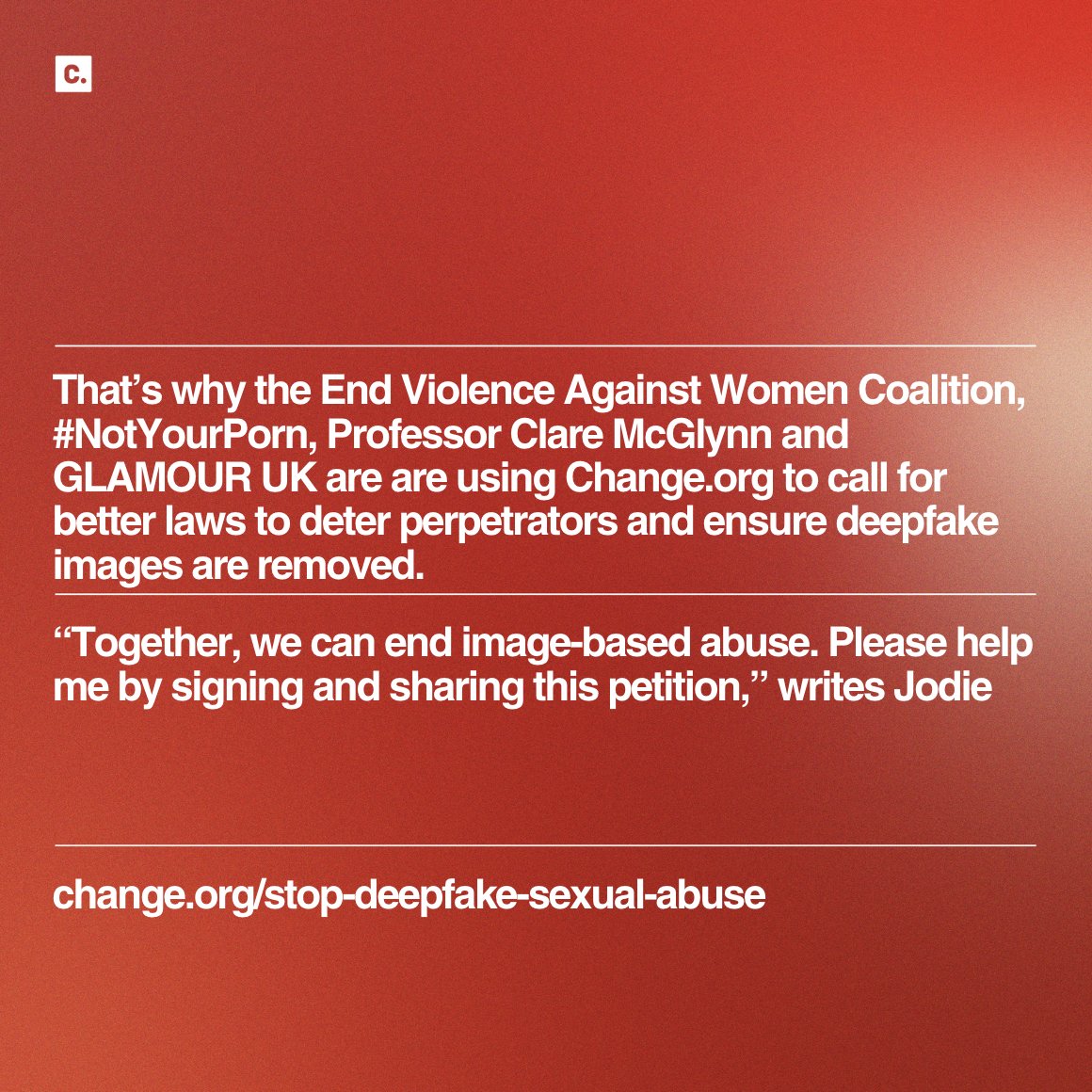Change.org UK (@ukchange) on Twitter photo <a href="/EVAWuk/">EVAW Coalition</a> <a href="/NotYourPorn/">#NotYourPorn</a> <a href="/McGlynnClare/">Prof Clare McGlynn KC (Hon)</a> <a href="/GlamourMagUK/">British GLAMOUR</a> ✍️ You can also read or sign the petition on <a href="/UKChange/">Change.org UK</a>:
change.org/stop-deepfake-… <a href="/EVAWuk/">EVAW Coalition</a> <a href="/NotYourPorn/">#NotYourPorn</a> <a href="/McGlynnClare/">Prof Clare McGlynn KC (Hon)</a> <a href="/GlamourMagUK/">British GLAMOUR</a> ✍️ You can also read or sign the petition on <a href="/UKChange/">Change.org UK</a>:
change.org/stop-deepfake-…