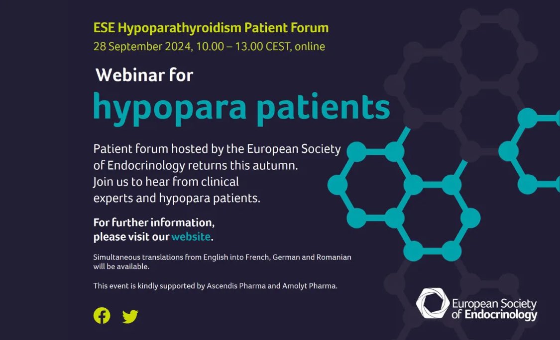 The 3rd <a href="/ESEndocrinology/">European Society of Endocrinology (ESE)</a> #Hypopara Patient Forum webinar is tomorrow - one of the best educational opportunities on hypopara for all! Simultaneous translations into French, German and Romanian will be available. Register here ese-hormones.org/education-and-…