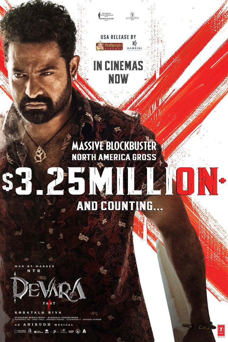 Prathyangira Cinemas (@prathyangiraus) on Twitter photo Fear is in business! 💥💥
#Devara hits $3.25 million+ North America gross and counting… 🔥🔥
#DevaraUSA by <a href="/PrathyangiraUS/">Prathyangira Cinemas</a> & @HamsiniENT
#BlockbusterDevara Fear is in business! 💥💥
#Devara hits $3.25 million+ North America gross and counting… 🔥🔥
#DevaraUSA by <a href="/PrathyangiraUS/">Prathyangira Cinemas</a> & @HamsiniENT
#BlockbusterDevara