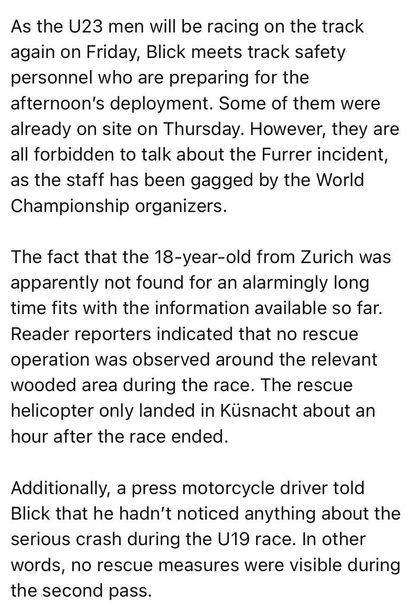 Hesitant to speculate in the wake of such a horrendous tragedy, but if any semblance of this is true, heads must roll at the UCI.

An internal embargo screams of massive flaws in the safety protocols at this worlds, consistent with rider complaints about the TT.

#Zurich2024