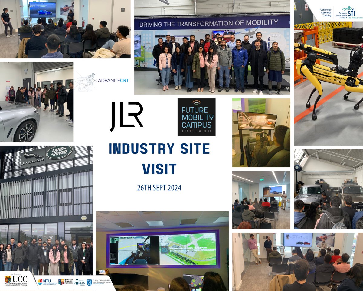 AdvanceCrt's tweet image. INDUSTRY SITE VISIT: Exciting day at the Jaguar Rover Ireland (JLR) Tech Hub & Future Mobility Campus Ireland in Shannon🚗💡 Got a firsthand look at innovations in ADAS, data analytics & cybersecurity, plus an AI-robotic guard dog! 🤖🐕 Our PhD researchers learning from the best!