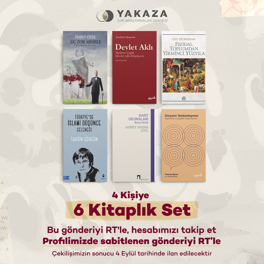 yakazadernegi's tweet photo. 📚Kitap Çekilişi

Yakaza Akademi bu dönem 3 kademede birbirinden değerli isimleri ağırlayacak. 

Başvuru ve detaylar: https://t.co/oMzR3KST3h

Akademi başlamadan önce çekilişle 4 kişiye aşağıdaki 6 kitaptan oluşan seti hediye edeceğiz! 

Bu tweeti RT’le, bizi takip et, Profilimizde sabitlenen gönderiyi Rt’le çekilişe katıl 🎫

🔊İlan: 4 Ekim 2024