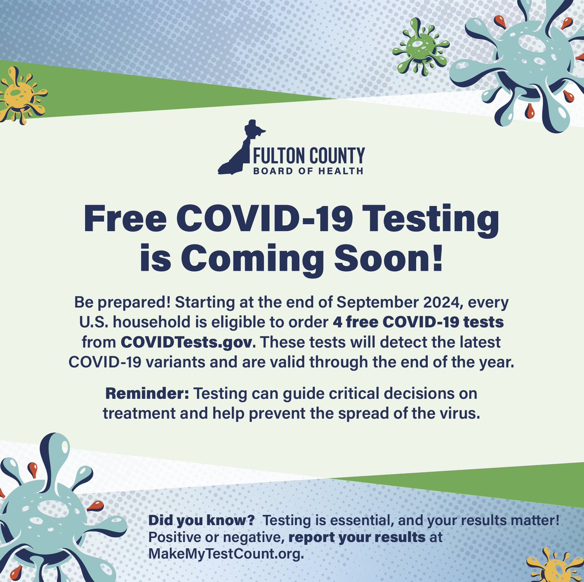 FultonHealth's tweet image. 🗓️ Starting September 2024, order 4 free COVID-19 tests for your household at COVIDTests.gov! These tests detect current variants and are valid through the end of the year. 💉 Everyone 6 months+ should get the updated vaccine this fall &amp;amp; winter.

#COVID19 #FreeTesting