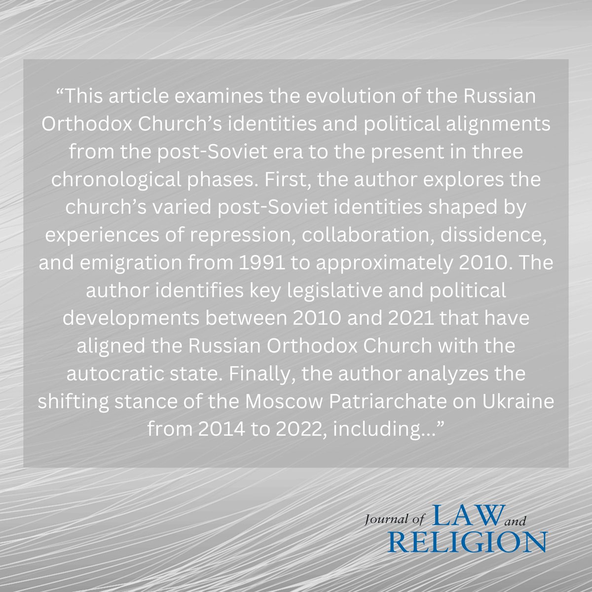 Journal of Law and Religion (@jlratemory) on Twitter photo New on #FirstView: "The Pact of the Old Guard: Religion, Law, and Politics for a Russia at War" by <a href="/StoecklKristina/">postsecular_conflicts</a>
doi.org/10.1017/jlr.20…
<a href="/UniLUISS/">Luiss Guido Carli</a> New on #FirstView: "The Pact of the Old Guard: Religion, Law, and Politics for a Russia at War" by <a href="/StoecklKristina/">postsecular_conflicts</a>
doi.org/10.1017/jlr.20…
<a href="/UniLUISS/">Luiss Guido Carli</a>