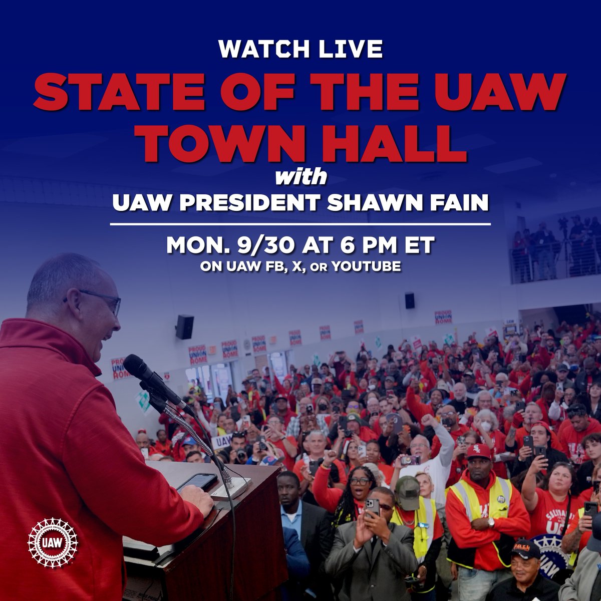 As we keep organizing to build a better future, stop corporate greed, and strengthen our union, join the “State of the UAW Town Hall” livestream with President Shawn Fain on Monday, September 30, starting at 6:00 pm ET. Watch Live on UAW YouTube, Facebook, or X. #StandUpUAW
