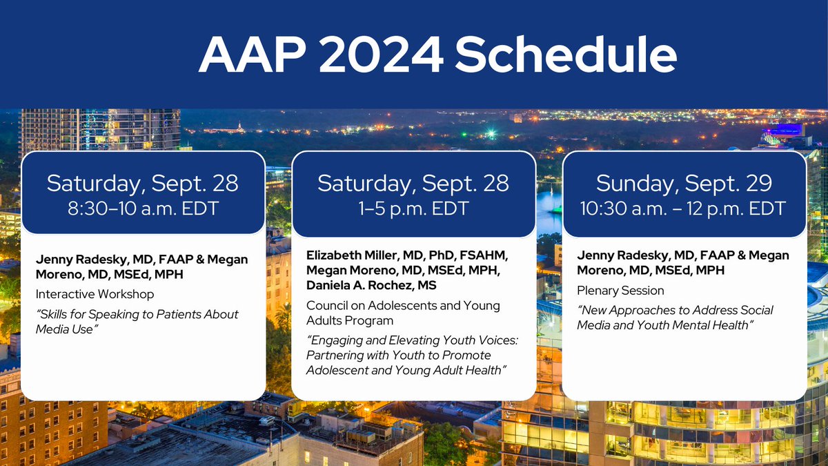 SMAHRT (@smahrteam) on Twitter photo The countdown to #AAP2024 is on! Get ready for Dr. Megan Moreno to give three presentations with collaborators <a href="/jennyradesky/">Jenny Radesky, MD</a>, Elizabeth Miller, and Daniela Rochez. Presentations dive into topics about media and adolescent health. Learn more: ow.ly/w8qB50Tvy0P The countdown to #AAP2024 is on! Get ready for Dr. Megan Moreno to give three presentations with collaborators <a href="/jennyradesky/">Jenny Radesky, MD</a>, Elizabeth Miller, and Daniela Rochez. Presentations dive into topics about media and adolescent health. Learn more: ow.ly/w8qB50Tvy0P