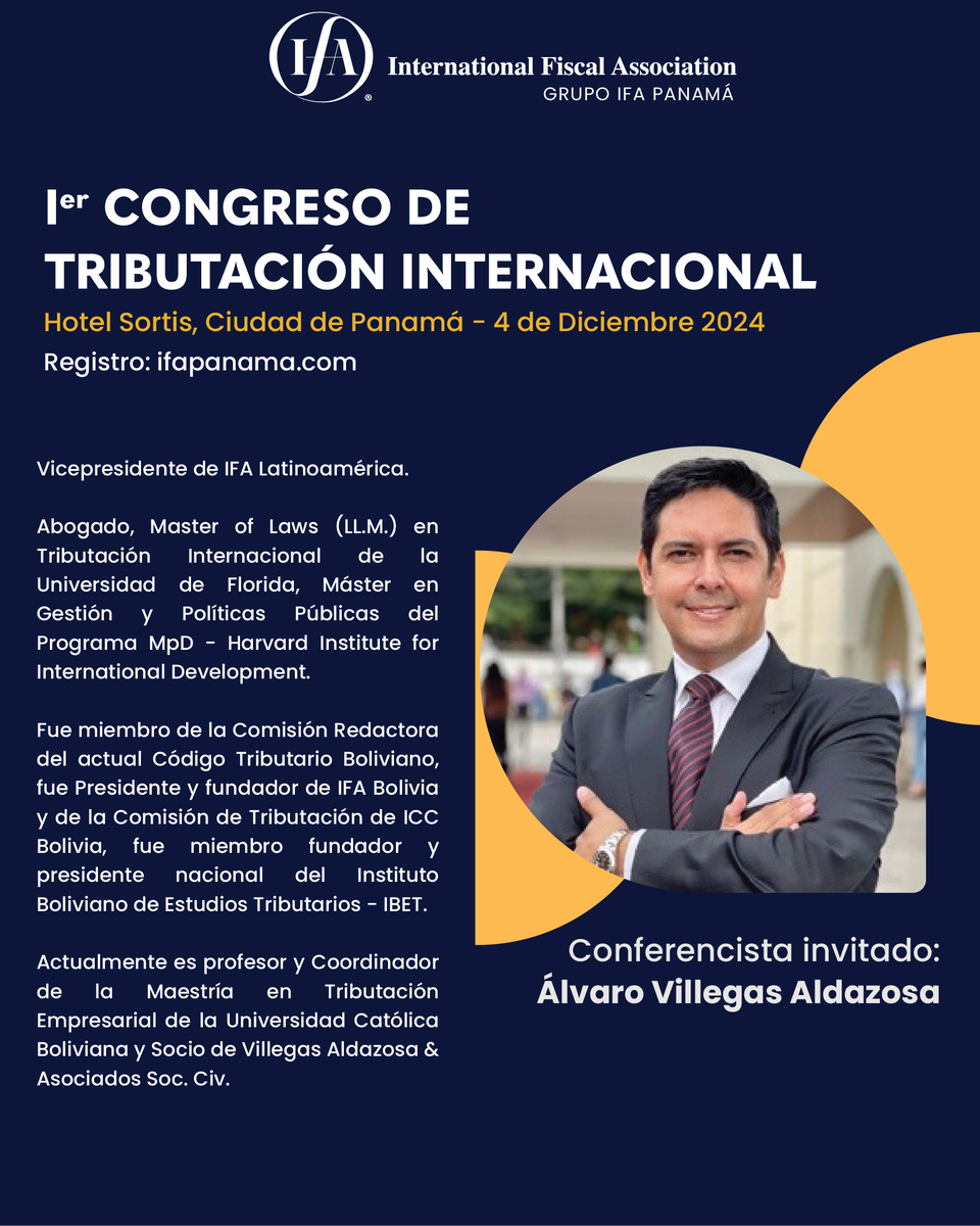 IfaPanama's tweet photo. Te presentamos a Álvaro Villegas Aldazosa, conferencista invitado al 1er Congreso de Tributación Internacional. ¡No te pierdas su participación!

Ya puedes registrarte en: https://t.co/bgYgnqJ7kD 

📍Hotel Sortis
🗓️ 4 de diciembre de 2024

#IFAPanama #Economía #Eventos #Congreso https://t.co/HIamYgNTCv