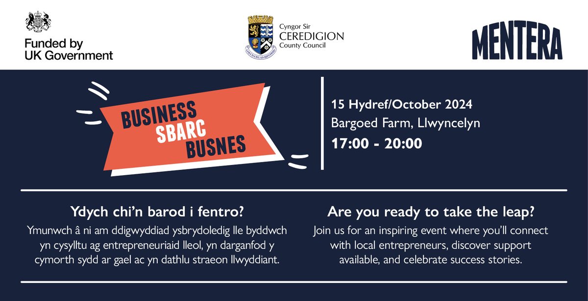 💥Digwyddiad SBARC Busnes! 💥

Ydych chi’n barod i fentro? Peidiwch a cholli’r cyfle hwn i fod yn rhan o gymuned entrepreneuraidd ffyniannus Ceredigion!

👉Sgyrsiau ysgogol
👉Rhwydweithio
👉Stondinau
👉Lluniaeth ysgafn

🔗   Cofrestru a mwy o wybodaeth: shorturl.at/KXbXl