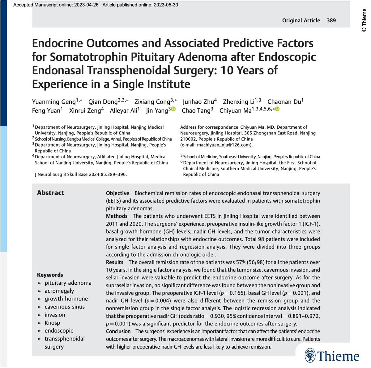 JNLSReports's tweet photo. 🧠What predicts biochemical remission in somatotrophin #pituitary adenoma treated w #ETSS?
In this cohort of 98 pts, tumor size, cavernous/sellar invasion, preop IGF-1 level, and basal/nadir GH level were significant:
https://t.co/ZCMOvq7cgg
#JNLSB #otolaryngology #neurosurgery https://t.co/pqYD8CRhpD
