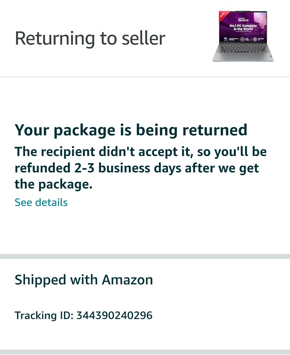 korde_mahesh's tweet photo. @amazonIN , Yesterday I had ordered Lenovo laptop. And without my consent today order status is changed Returning to seller. We escalated to Amazon customer care but there is no action &amp; update. I am very unsatisfied with this approach . Order #
407-7698245-6013943 https://t.co/5aE9beYZwN