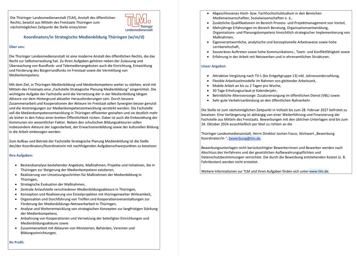 fasco's tweet image. Erstmals &quot;Fachstelle Strategische Planung Medienbildung&quot; in Thüringen bei TLM, unterstützt von der Landesregierung.
Gesucht wird 
• Koordinator/in (w/m/d)
• Assistenz (w/m/d)
Bewerbungsfrist: 24.10.2024
Infos: tlm.de/aktuelles/auss…